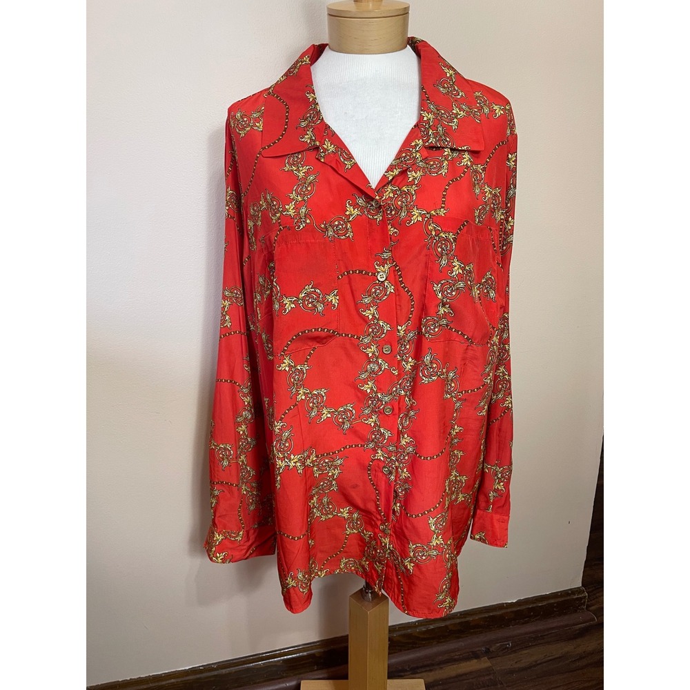 Elementz Woman Red Gold Baroque Chain Print Button Down Shirt Blouse 3X WFKB0026